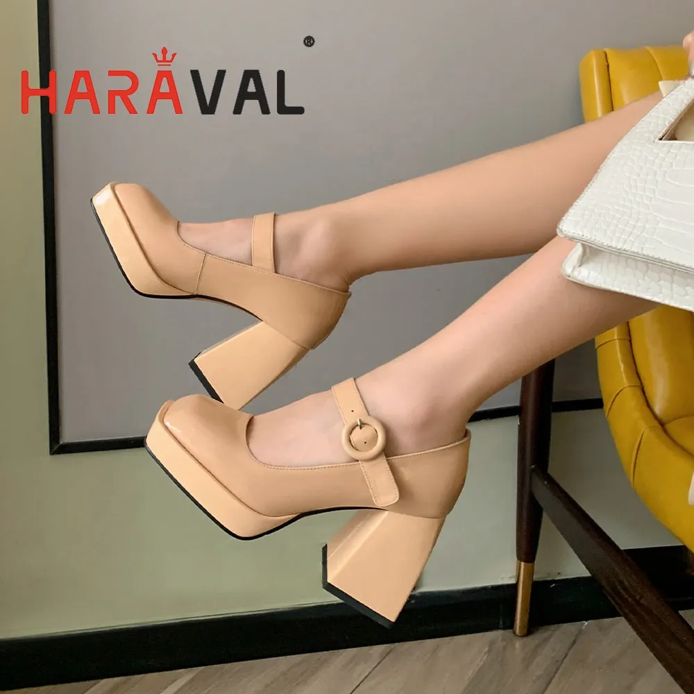 2021Women Pumps Shoes Thick High Heels Waterproof Platform Mary Janes Patent Leather Classics Dress Square Toe Buckle Strap  A43