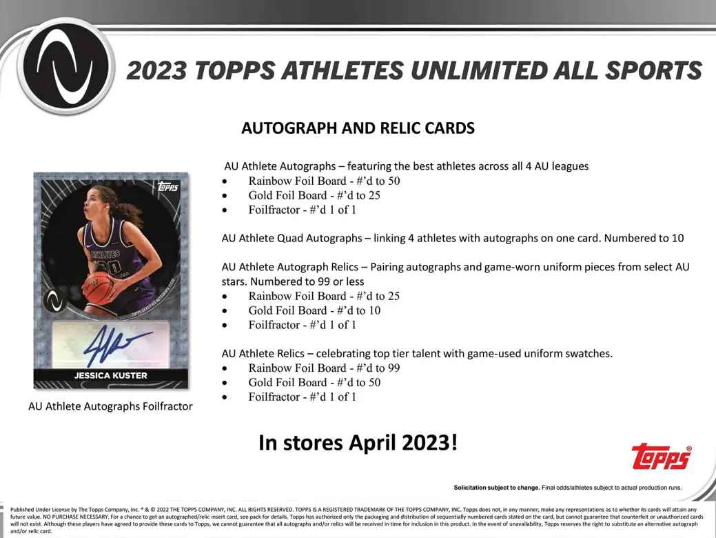 2023 Topps Athletes Unlimited All Sports Hobby Box 24 Packs per Box, 14 Cards per Pack