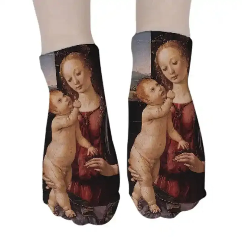 3D Art Hoe Cotton Socks with Oil Painting Character Portrait