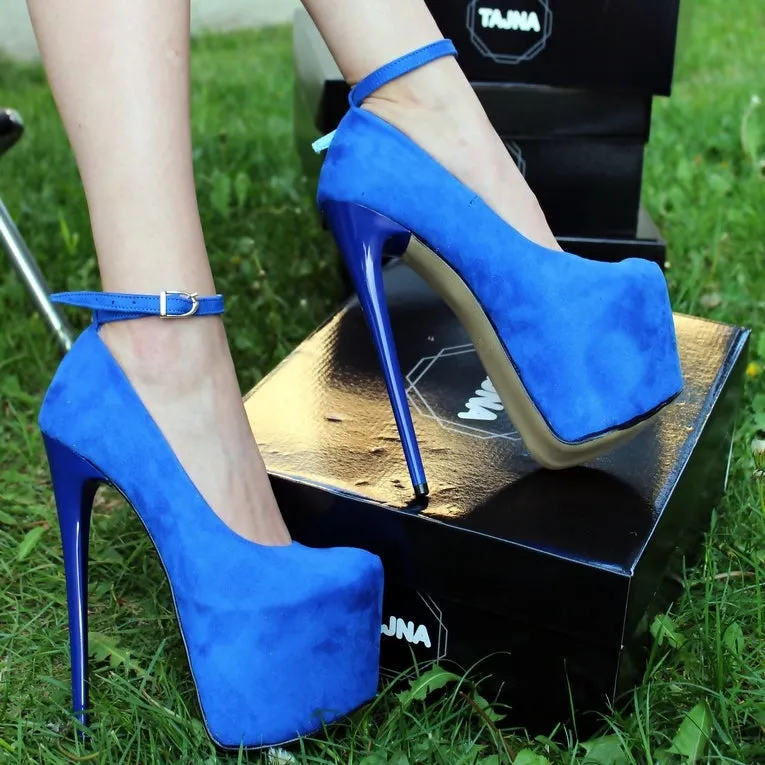 Ankle Strap Blue Faux Suede High Heel Platform Shoes