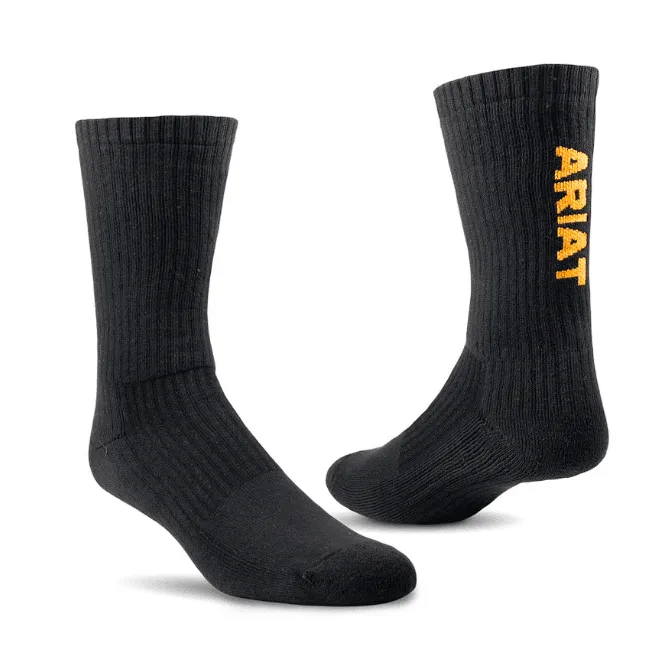 Ariat High Performance Black Premium Ringspun Cotton Crew Work Socks 3 Pair Pack 10036517