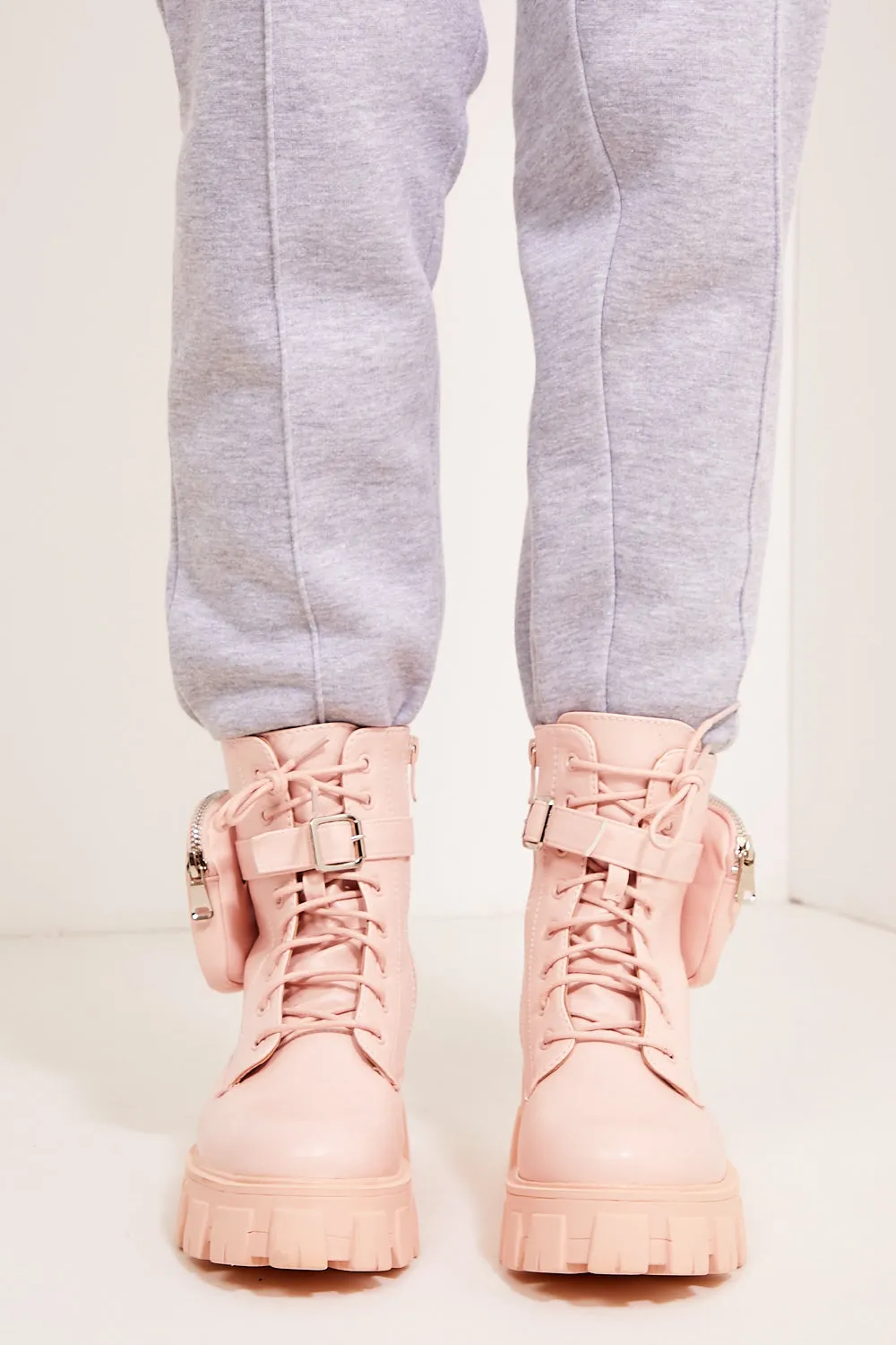 Baby Pink Chunky Pocket Detail Ankle Boots