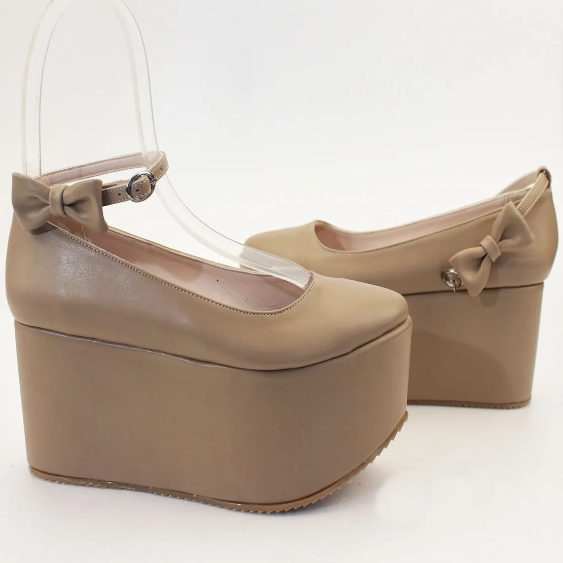 Beige Ankle Strap Black Flat Wedge Platform Shoes