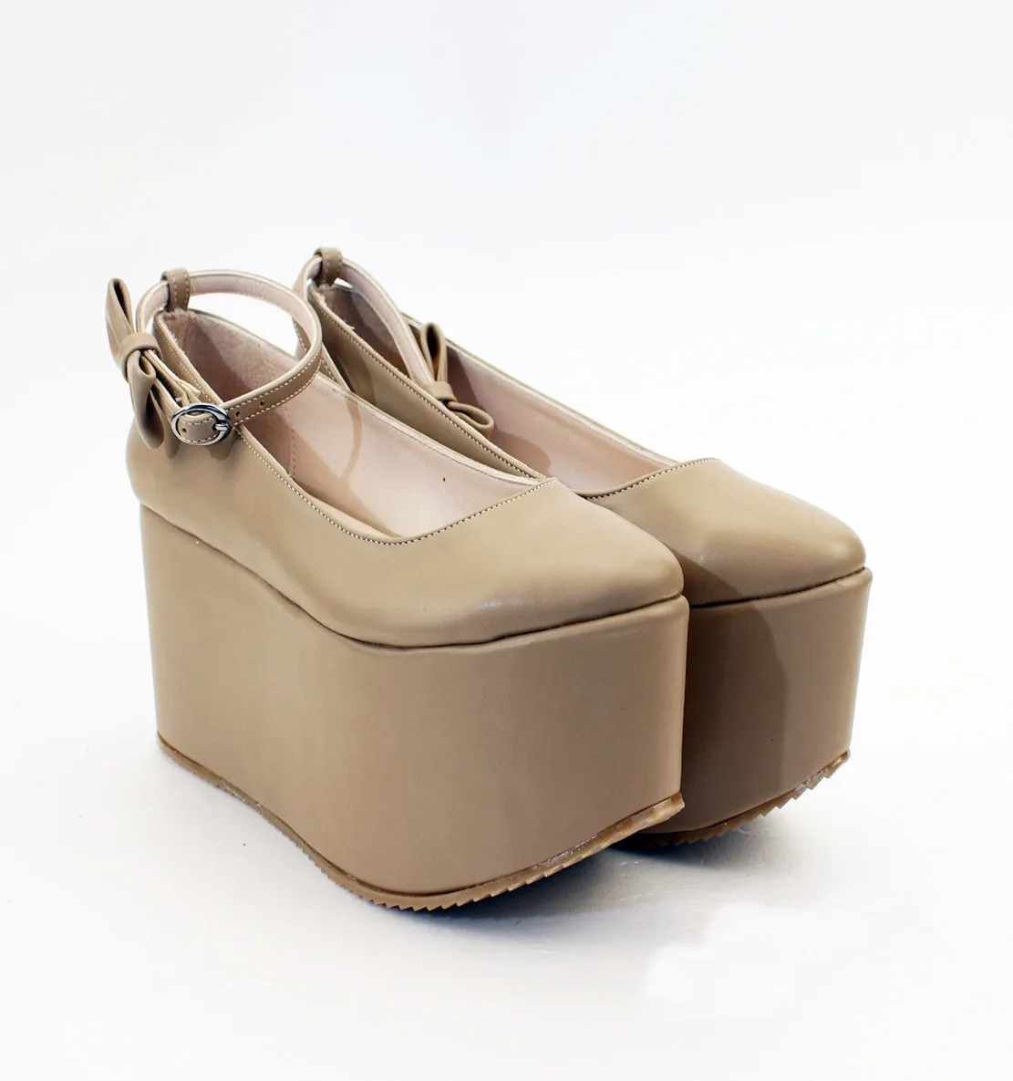 Beige Ankle Strap Black Flat Wedge Platform Shoes