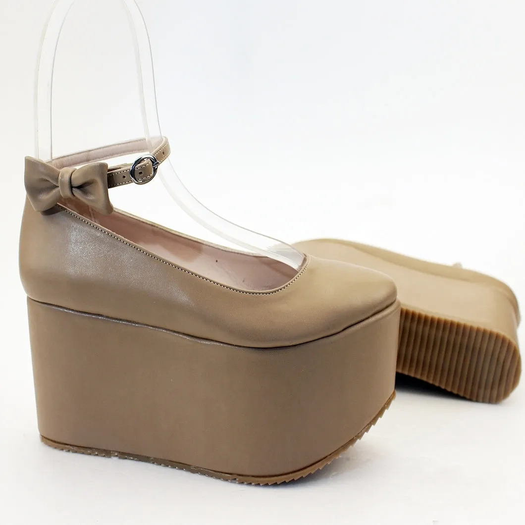 Beige Ankle Strap Black Flat Wedge Platform Shoes