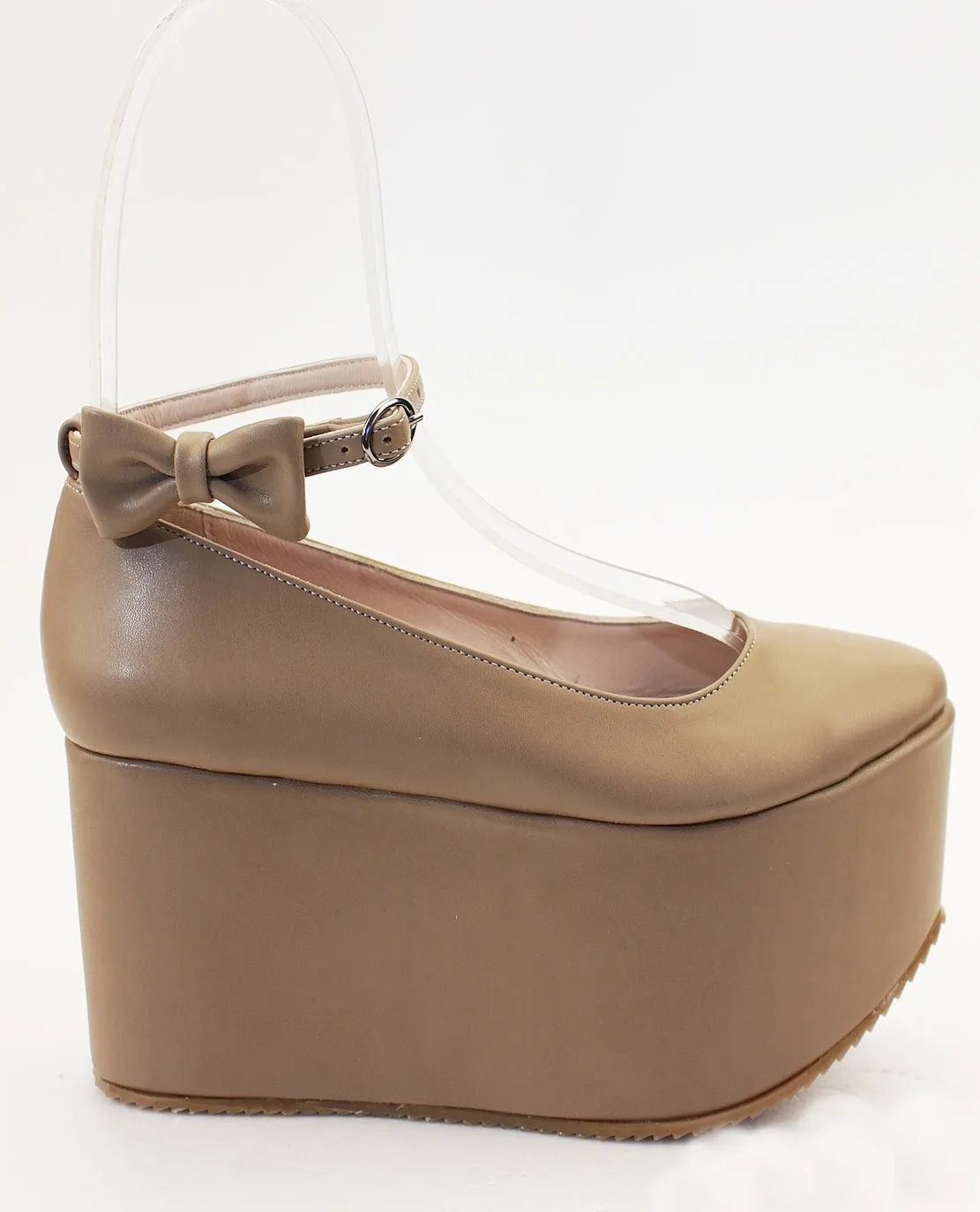 Beige Ankle Strap Black Flat Wedge Platform Shoes