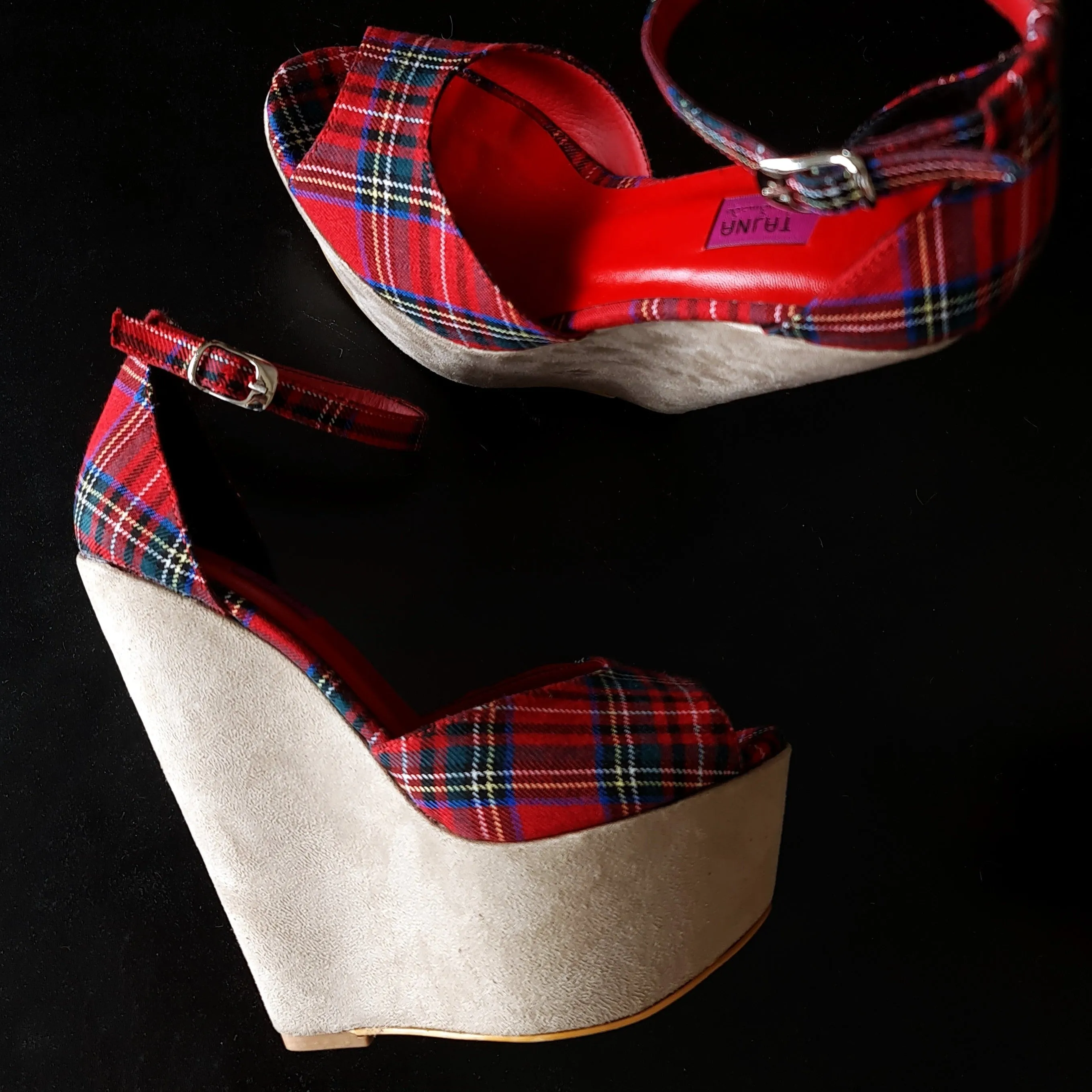 Beige Tartan Red Suede Ankle Strap Wedge Shoes