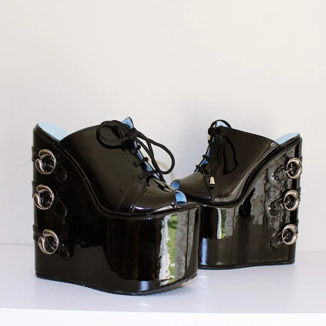 Black Belted Platform Wedge Mules