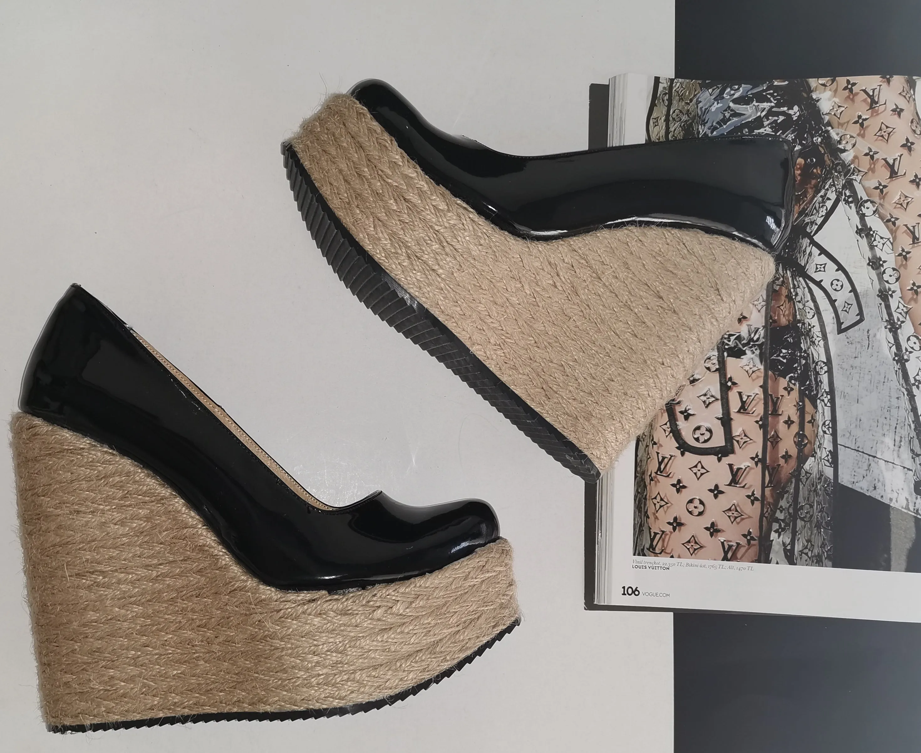 Black Patent Espadril Wedge Heels