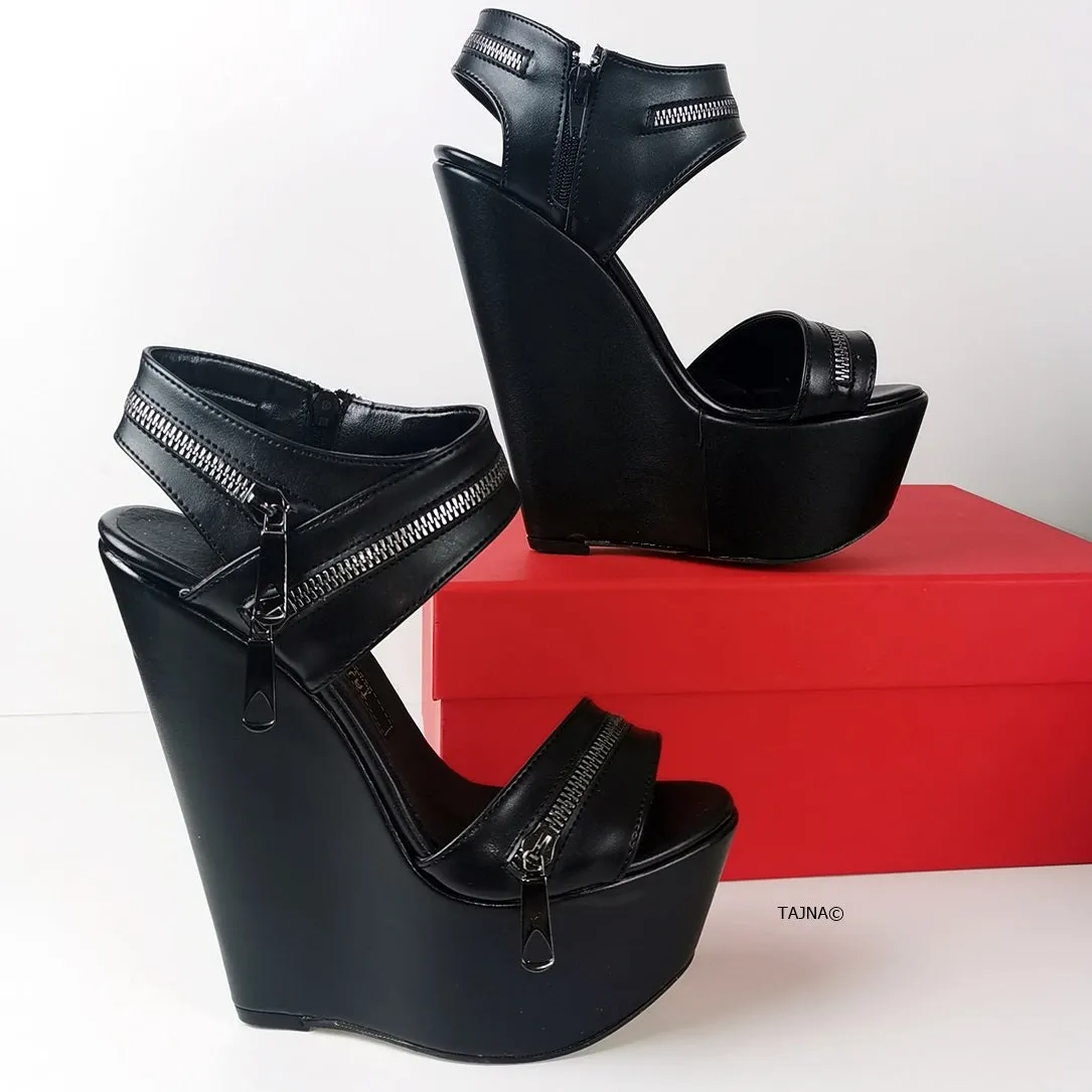 Black Zipper High Heel Wedge Sandals