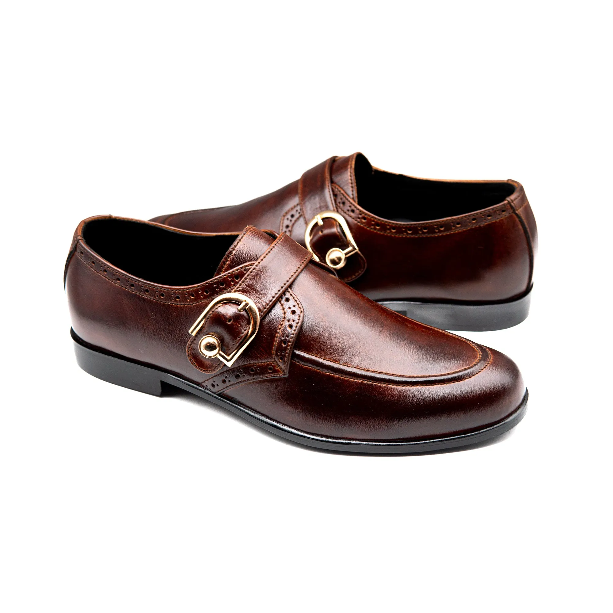 Brown Leather Engraved Monk Executive Shoes