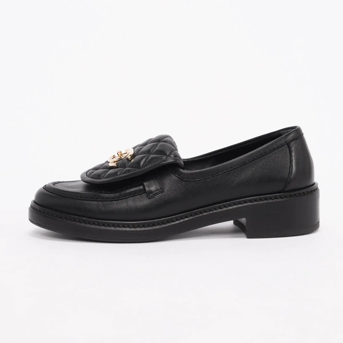 Chanel Black Quilted CC Turnlock Loafers 37.5