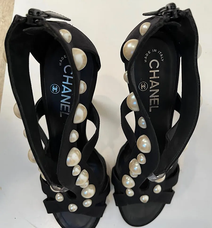 Chanel Black Strap Sandal Heels Pearl Trim EU 37.5 US 6.5/7 Narrow