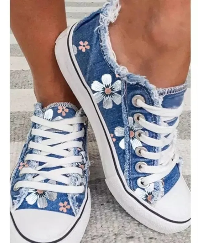 Daisy Denim Basketball Tennis Shoes 9 Different Styles And Colors Denim Lace Up Sneakers With Frayed Jean Edge Green Blue Black Dark Faded With Or Without Daisies