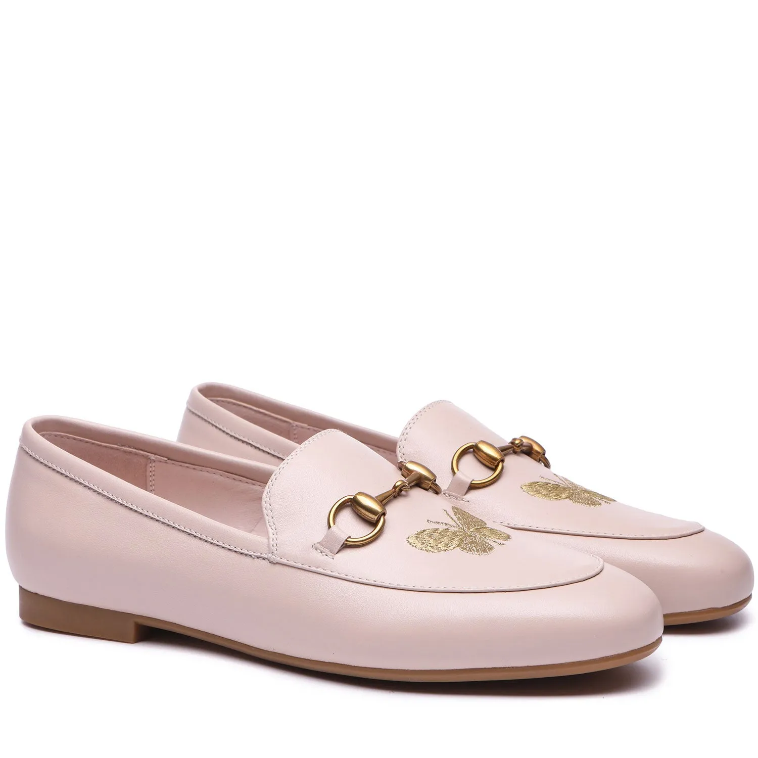 Everau Pink Loafer With Metal Buckle And Butterfly Embroidery