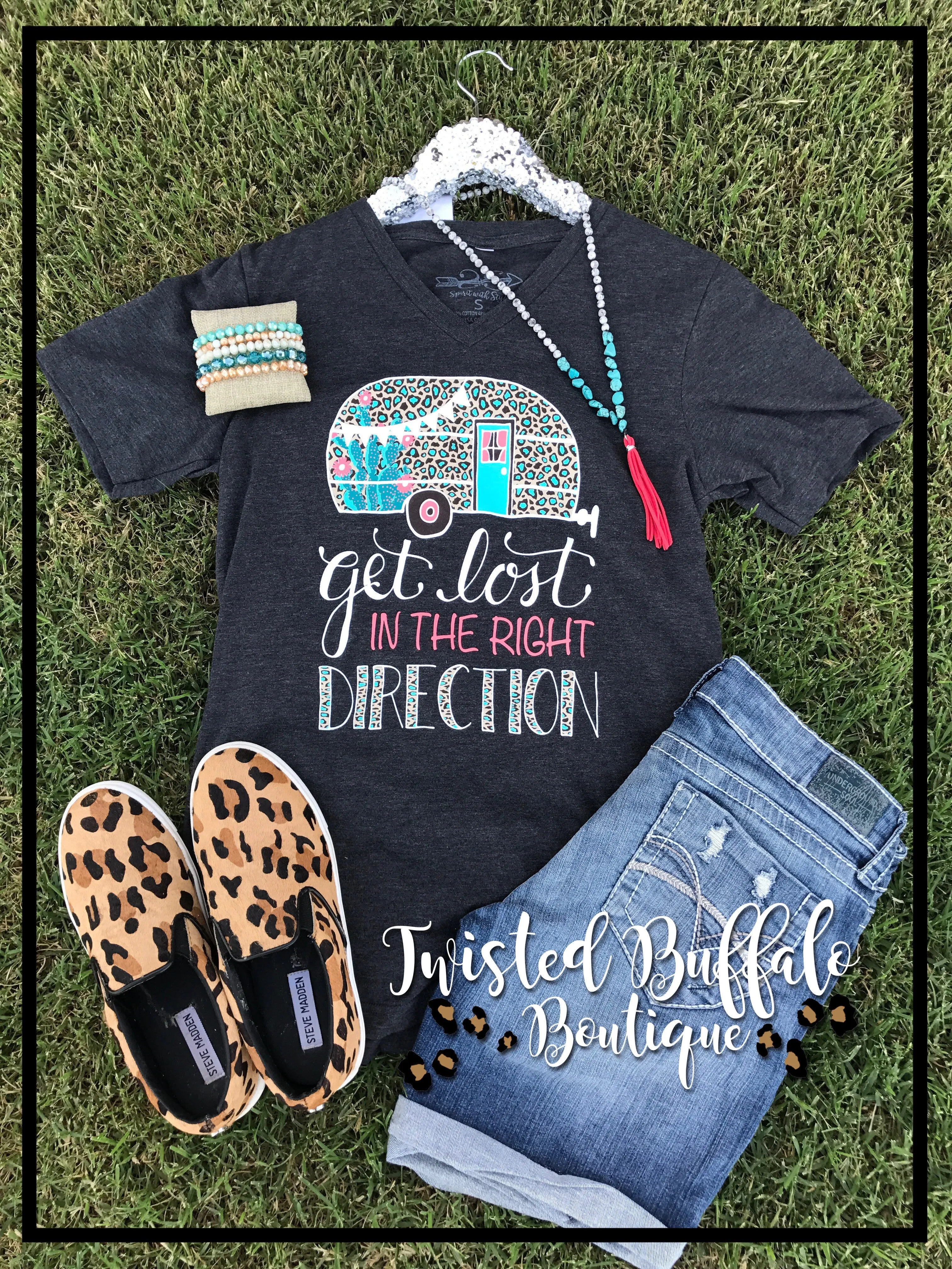 {GET LOST IN THE RIGHT DIRECTION} Leopard Camper Char-Black V-Neck Tee