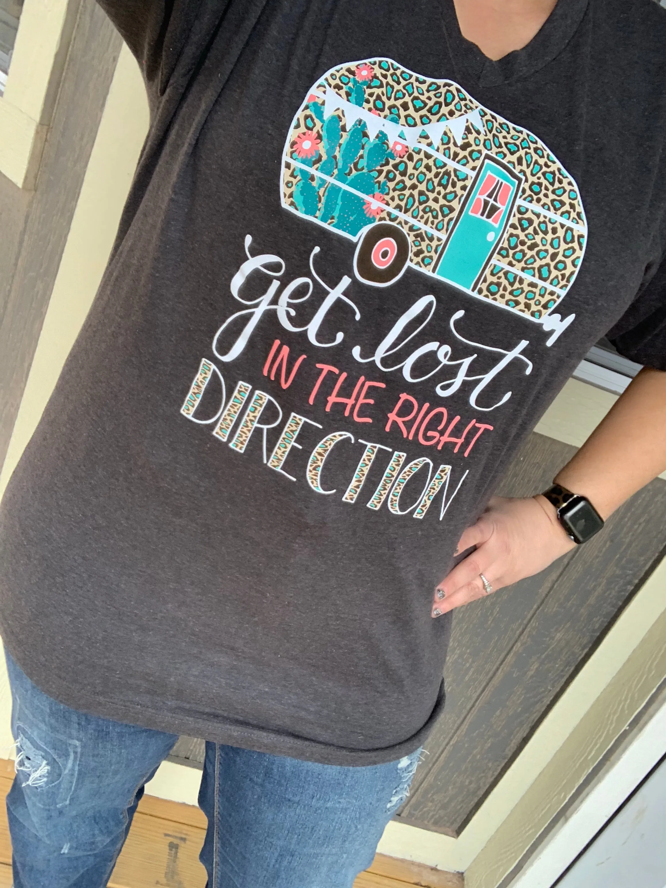 {GET LOST IN THE RIGHT DIRECTION} Leopard Camper Char-Black V-Neck Tee