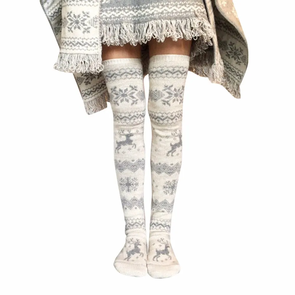 Gray & White Reindeer Snowflake Alpine Pattern Over The Knee Boot Socks Thick Warm Winter Elk Thigh High Stockings They Make A Great Christmas Present!