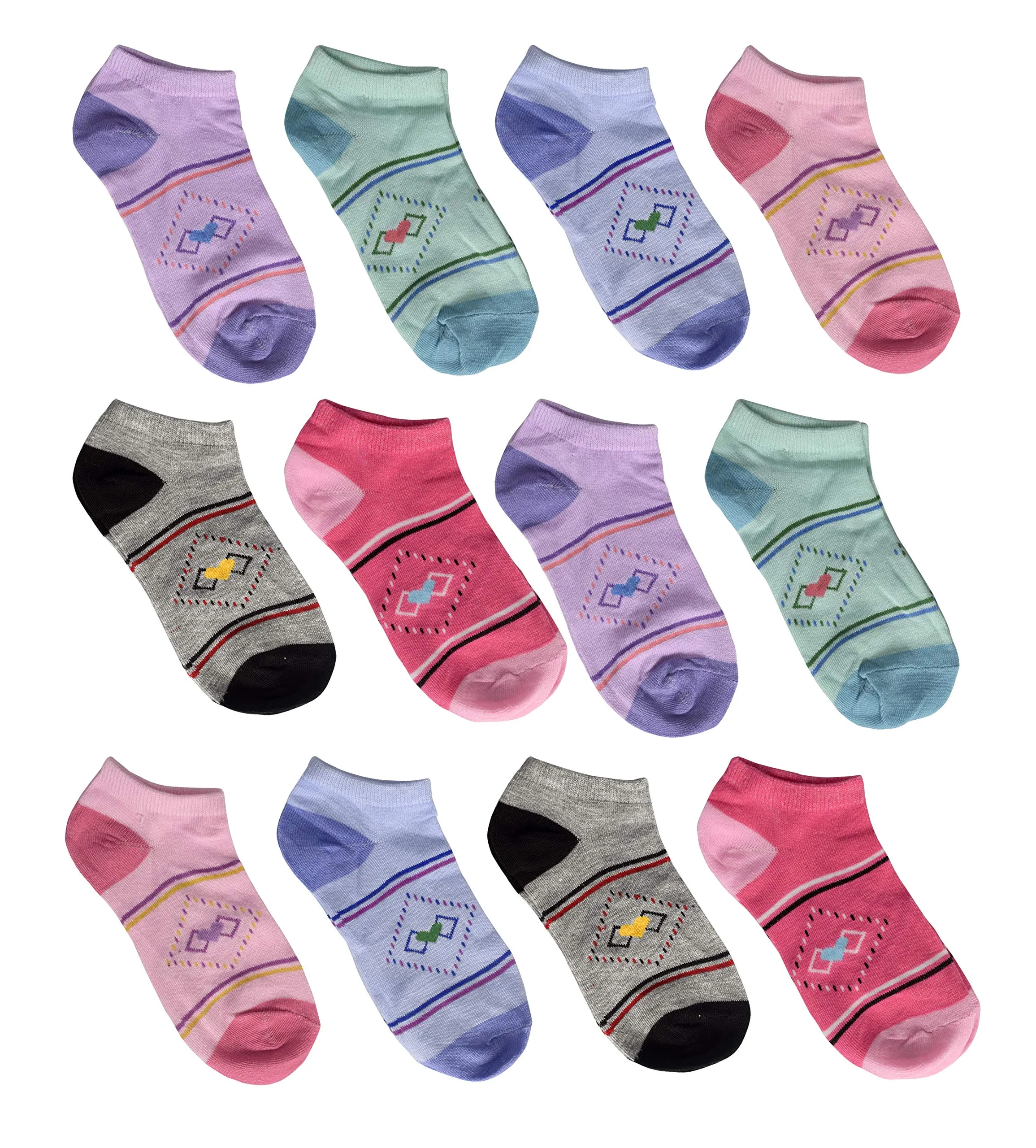 Kids Girls 12 Pack Low Cut Ankle No Show Socks Size 4-6 (Ages 7 to 12)