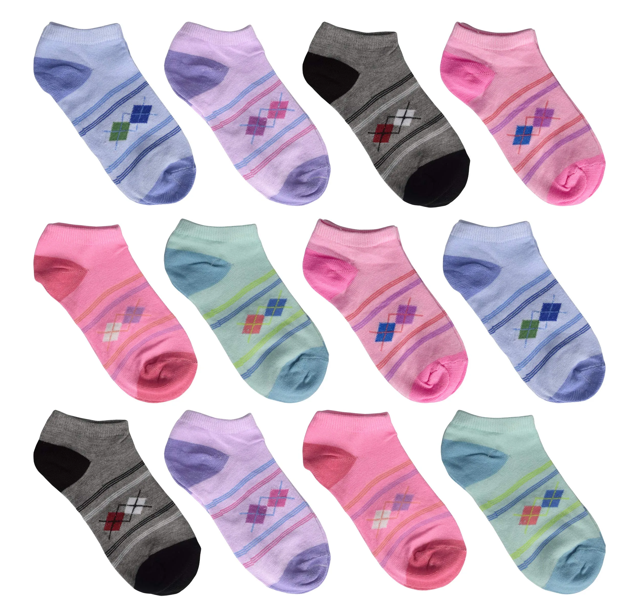 Kids Girls 12 Pack Low Cut Ankle No Show Socks Size 4-6 (Ages 7 to 12)