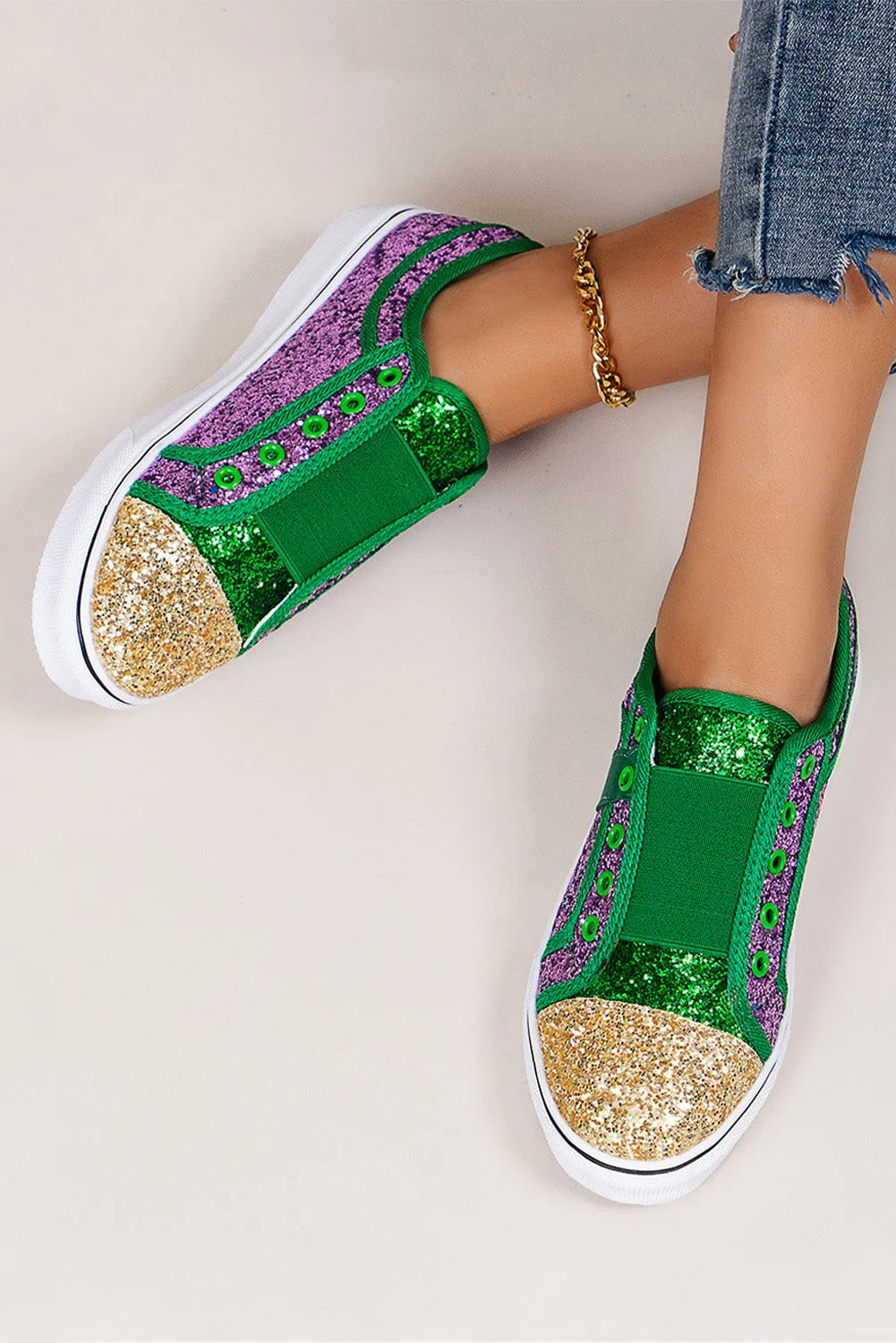 Sequin Glitter Sneakers Color Block St Patricks Flat Shoes