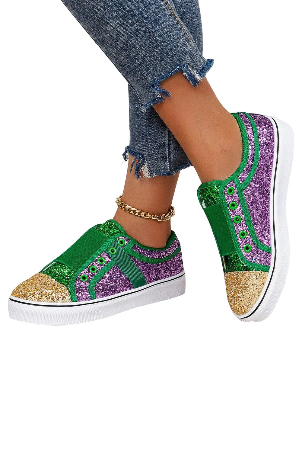 Sequin Glitter Sneakers Color Block St Patricks Flat Shoes