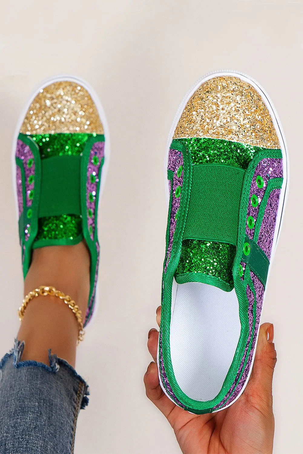 Sequin Glitter Sneakers Color Block St Patricks Flat Shoes