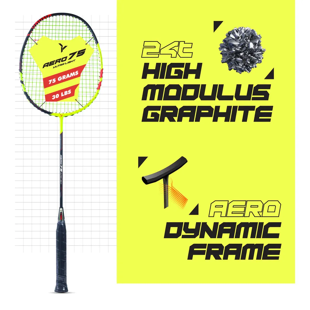 Young Aero 75 Ultralight Badminton Racket (Strung) | Black/Yellow