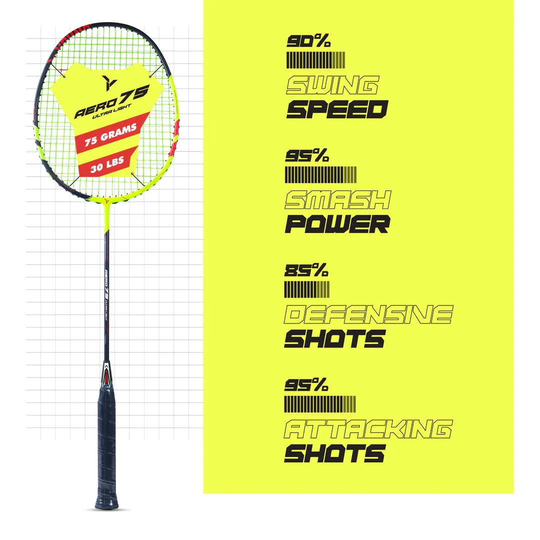 Young Aero 75 Ultralight Badminton Racket (Strung) | Black/Yellow